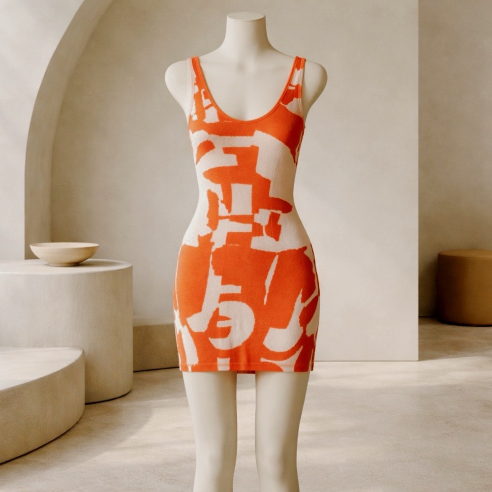 Sleeveless Orange & Cream Abstract Mini Dress